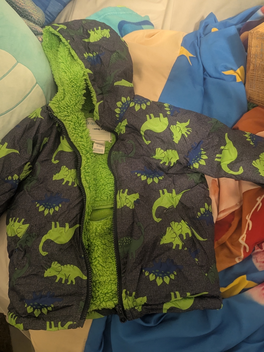 Kids Green Dinosaur Puffer Jacket with Sherpa Lining